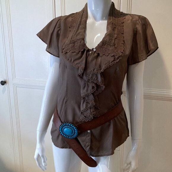 Lucky brand button front lace trim silk blouse Sz M square collar flutter sleeve - Picture 4 of 14